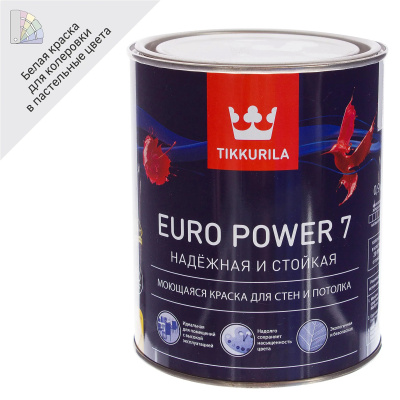 TIKKURILA EURO POWER 7 краска моющаяся для стен и потолка (белый, 0.9 л, А)
