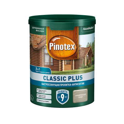 PINOTEX CLASSIC PLUS пропитка-антисептик быстросохнущая 3 в 1 (cкандинавский серый, 0.9 л)