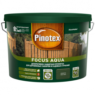 PINOTEX FOCUS AQUA пропитка для защиты деревянных заборов и садовых строений (зеленый лес, 9 л)