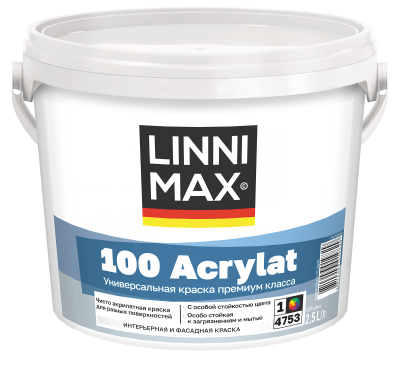 Краска водно-дисперсионная для наружных и внутренних работ LINNIMAX 100 Acrylat / 100 Акрилат (белый, 2.5 л, 1)