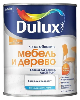 DULUX ЛЕГКО ОБНОВИТЬ МЕБЕЛЬ И ДЕРЕВО краска грунт для дерева, ЛДСП, МДФ (колеруемая, 0.75 л, BC)