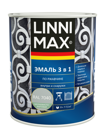 Эмаль алкидно-уретановая LINNIMAX Эмаль по ржавчине 3 в 1 (серое окно RAL 7040, 0.75 л)