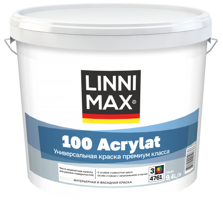 Краска водно-дисперсионная для наружных и внутренних работ LINNIMAX 100 Acrylat / 100 Акрилат (колеруемая, 9,4 л, 3)