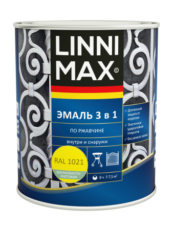 Эмаль алкидно-уретановая LINNIMAX Эмаль по ржавчине 3 в 1 (желтый RAL 1021, 0.75 л)