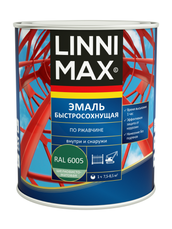 Грунт-эмаль алкидная LINNIMAX Эмаль быстросохнущая по ржавчине шелковисто-матовая (зеленый RAL 6005, 0.75 л)