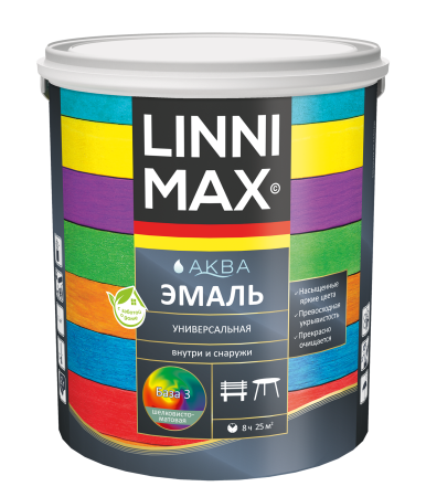 Эмаль акриловая LINNIMAX Аква Эмаль универсальная (колеруемый, 2.35 л, 3, Шелковисто-матовый)