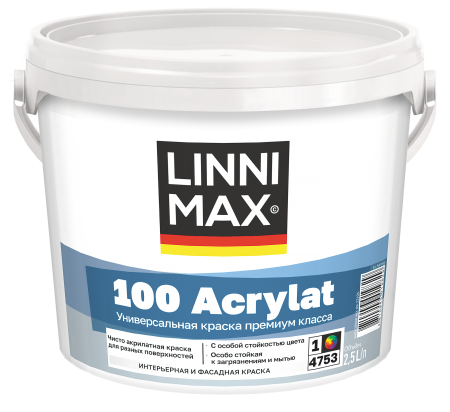 Краска водно-дисперсионная для наружных и внутренних работ LINNIMAX 100 Acrylat / 100 Акрилат (белый, 2.5 л, 1)