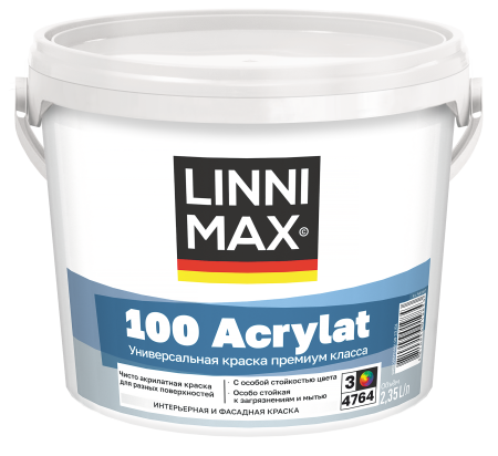 Краска водно-дисперсионная для наружных и внутренних работ LINNIMAX 100 Acrylat / 100 Акрилат (колеруемая, 2.35 л, 3)