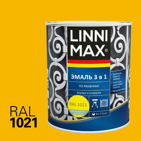 Эмаль алкидно-уретановая LINNIMAX Эмаль по ржавчине 3 в 1 (желтый RAL 1021, 0.75 л)
