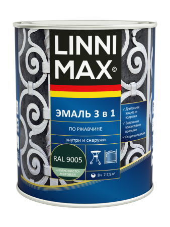 Эмаль алкидно-уретановая LINNIMAX Эмаль по ржавчине 3 в 1 (черный RAL 9005, 0.75 л)