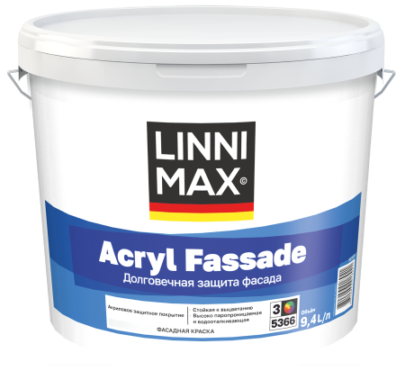 Краска водно-дисперсионная для наружных работ LINNIMAX Acryl Fassade / Акрил Фасад (колеруемая, 9,4 л)